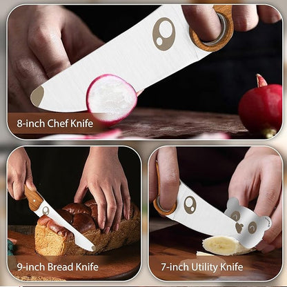 Kids Knife Set for Real Cooking with Educational Ring & Serrated Blade Edge & Panda Finger Guard 4-Pieces, Kids Chef Knife Set with Rosewood Handle Stainless Steel Blade For Starter Cutting Learning