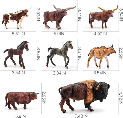 Bull Toys Playset: 8pc Longhorn, Cows, Horses & Antelope Figures for Kids' Parties & Toddlers Collection