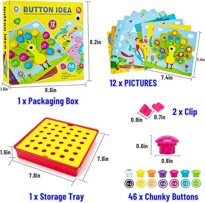Button Art Toys for Toddlers Ages 3-5, Early Learning Educational Toys, Color Matching Mosaic Pegboard, Fine Motor Skills Game, Preschool Learning Crafts Activity Gifts for Boys & Girls 3+