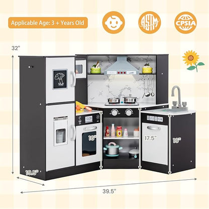 HONEY JOY Corner Kids Kitchen Playset, Modular Wooden Play Kitchen for Toddlers, Range Hood, Separated Washing Basin, Little Chef Pretend Toy Kitchen Set w/Lights and Sounds(Coffee)