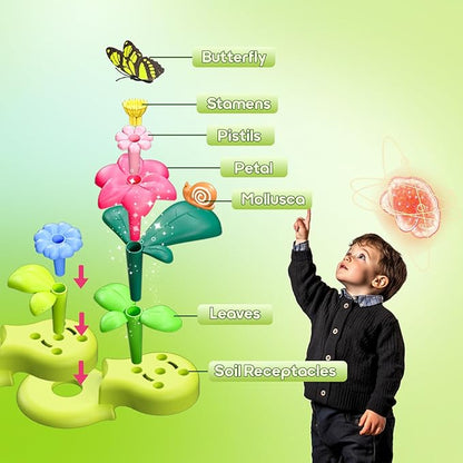 Flower Garden Sensory Bin Toys for Toddlers Kids Age 3-6, 51 PCS Garden Building Blocks, 2.2lbs Sensory Play Sand, 10 Sandbox Toys, Garden Play Set, Preschool Learning Toys Gifts for Boys Girls