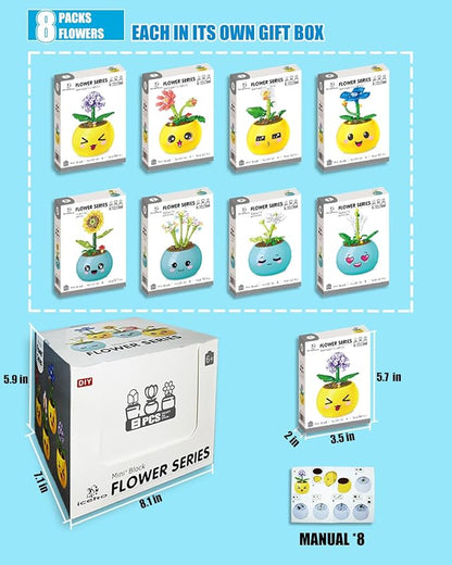 ICEKO KN 8 Pack Party Favors for Kids Building Set-494PCS Mini Succulent Flowers Building Blocks Sets for Classroom Prizes,Goodie Bag Stuffers,Birthday Children's Day Gifts for Boys Girls 6+