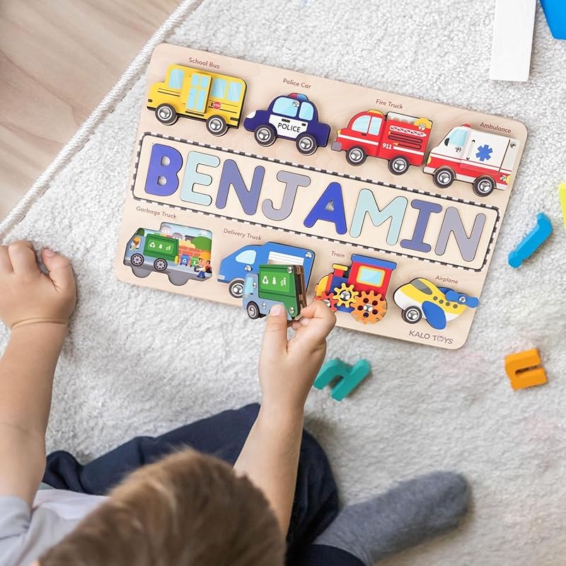 Personalized Wooden Name Puzzle for Toddlers 1-5 - Montessori Wooden Vehicle Sensory Toy, Custom Educational Gift for 2 Year Old, Cars & Trucks Toy for Toddlers, Ideal for Birthdays