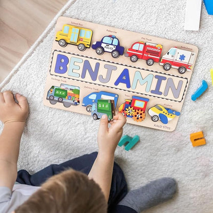 Personalized Wooden Name Puzzle for Toddlers 1-5 - Montessori Wooden Vehicle Sensory Toy, Custom Educational Gift for 2 Year Old, Cars & Trucks Toy for Toddlers, Ideal for Birthdays