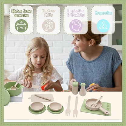 Play Kitchen Accessories, Silicone Pretend Play Kitchen Toys Set, Play Kitchen Pots and Pans Set for Kids, Learning Education Cooking Toys for Girls and Boys(Green)