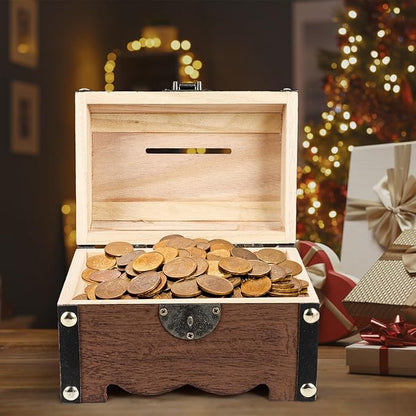 Vintage Piggy Bank Wooden Treasure Chest Decorative Wood Storage Box with Heart-Shaped Lock for Wedding Home Decor