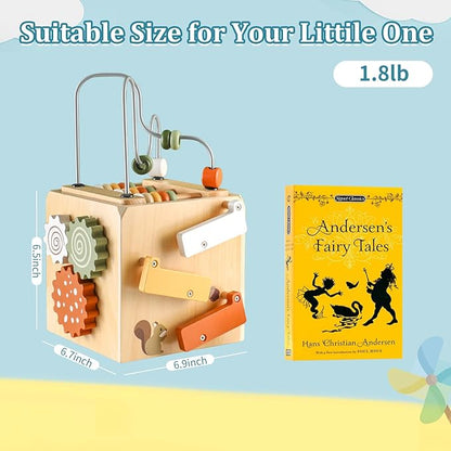Wooden Activity Busy Cube Montessori Toys, 6-in-1 Activity Center Baby Bead Maze Toys, Sensory Shape Sorter Blocks, Toddler Boys Girls First Birthday Gift