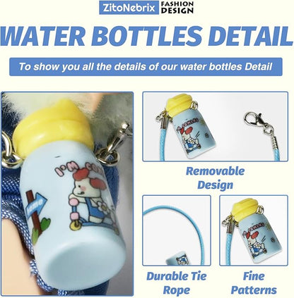Cloth for Doll, 3-Piece Denim Overalls Set for 17cm &15cm(NO Doll) – Flower-Button Overalls + Carrot Hat + Pastel Blue Water Bottle-Handmade