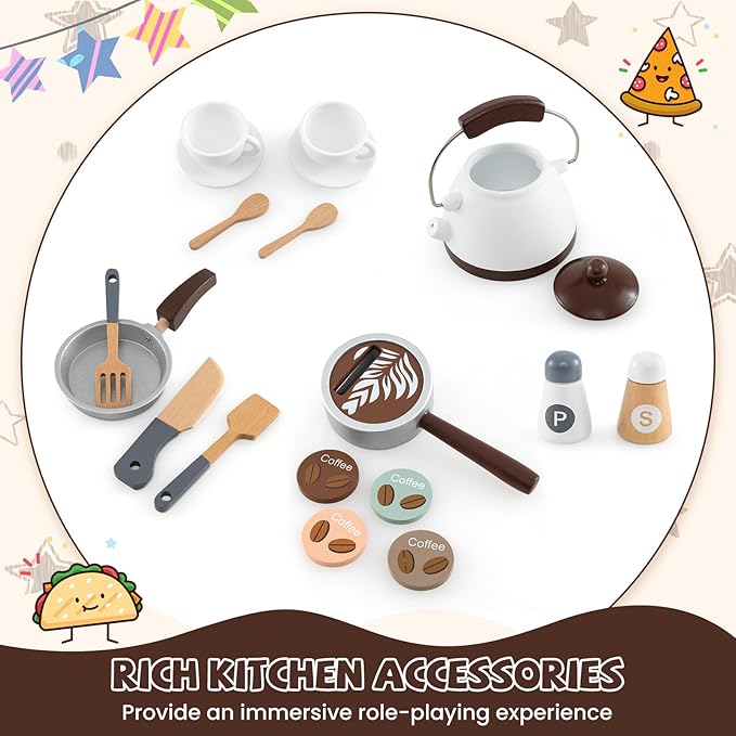 HONEY JOY Corner Play Kitchen, Toddler Wooden Toy Kitchen Set w/Lights, Coffee Maker, Microwave, Sink, Faucet, Little Chef Pretend Play Kids Kitchen Playset for Boys Girls (Coffee)