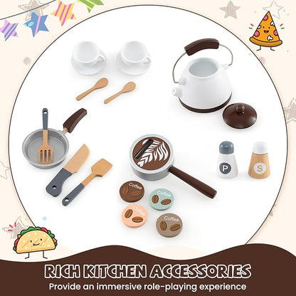 HONEY JOY Corner Play Kitchen, Toddler Wooden Toy Kitchen Set w/Lights, Coffee Maker, Microwave, Sink, Faucet, Little Chef Pretend Play Kids Kitchen Playset for Boys Girls (Coffee)