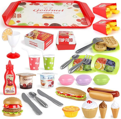 Fast Food Set - 59 PCS Kitchen Toy Set for Pretend Play, Kids Toddlers Play Accessories, Removable Food, Party Favor Christmas Stocking Stuffers