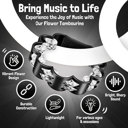 Flexzion Flower Tambourine - 8 Inch Handheld Percussion Instrument w/Metal Jingles & Ergonomic Grip - Small Tambourines for Adults, Kids, Church, Parties, & Musical Events (Black)