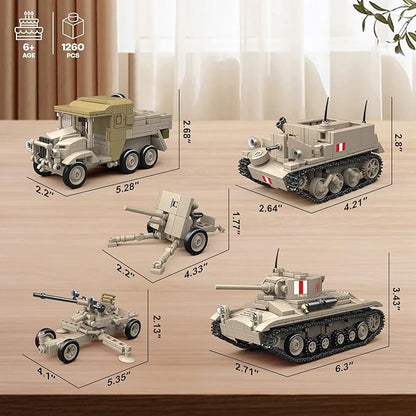 5 in 1WW2 Army Tank Toys Building Set Compatible with Lego British Military Vehicles(1260 Pcs),Create UK Ordnance QF 2-Pounder&Morris CDSW 6X4,Valentine.I Transport Vehicles Military Toy Gift for Boy
