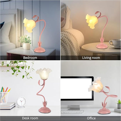 Cute Flower Desk Lamp, 3 Color Temperature Table Lamps with LED Bulb, Vintage Bedside Lamp, Reading Lamps with Soft Light for Bedroom, Living Room（Pink）