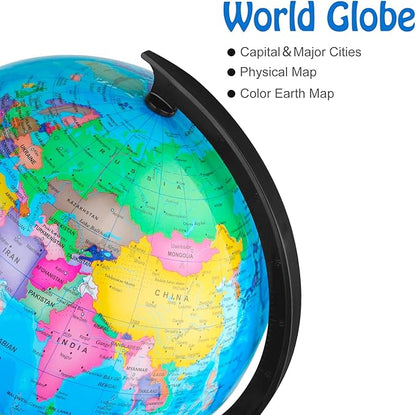 Wizdar 10'' World Globe for Kids Learning, DIY Assemble Educational Rotating World Map Globes Large Size Decorative Earth Children Globe for Classroom Geography Teaching, Desk and Office Decoration