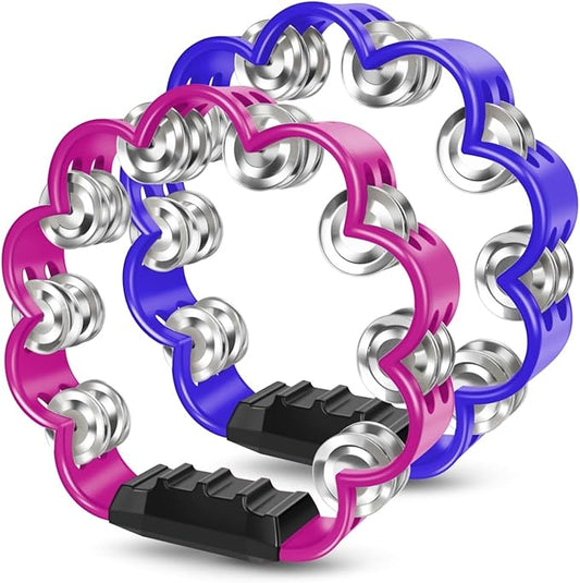 Flexzion Flower Tambourine - 8 Inch Handheld Percussion Instrument w/Metal Jingles & Ergonomic Grip - Small Tambourines for Adults, Kids, Church, Parties, & Musical Events (2 Pack - Blue & Pink)