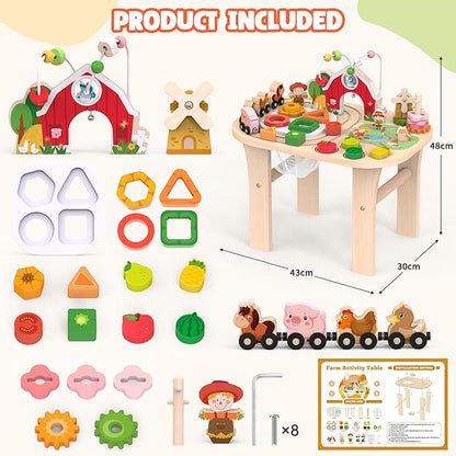 Activity Table for 1 Year Old, Baby Wooden Sensory Table with Bead Maze Shape Sorter Train Track for Toddler, Farm Montessori Toy Activity Center Educational Learning Toys for Kid 12+ Months (Natural)