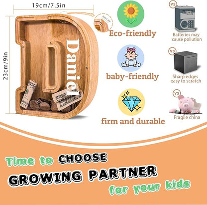 Wooden Letter Piggy Bank for Kids Larger Letter Piggy Bank for Boys and Girls Personalized Piggy Bank Initial Coin Bank Wood Kids Money Bank for Birthday and Festival