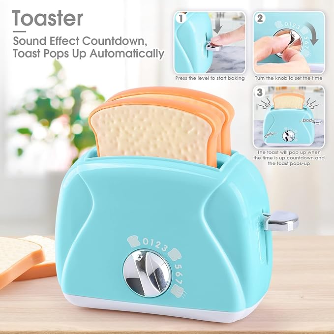 Kitchen Appliances Toys, Kids Play Kitchen Accessories Set, Pretend Kitchen Toys for Kids Ages 4-8, Coffee Maker, Mixer, Toaster with Realistic Lights & Sounds, Gift for Girls Ages 3+