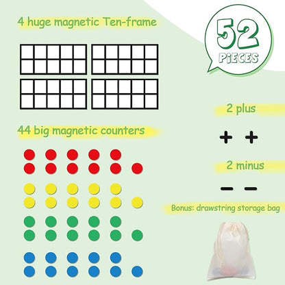 Big Magnetic Ten Frame Set, Opret 52 Pieces Math Manipulatives for Elementary, Kindergarten Classroom Must Haves Math Games with Storage Bag, Ages 5+, 4 Frames, 44 Counters, 2 Plus and 2 Minus