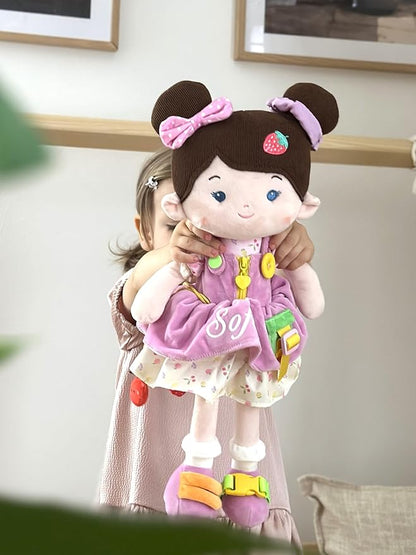 LeyaDoll Educational Soft Baby Doll(16''), Learning Sensory Doll for Toddlers, Montessori Toys for 2-Year-Old Girls Christmas, Birthday Gifts, Plush Doll with Zipper, Shoelace, Button-Busy Jucy Girl