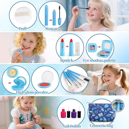 Toddler Girls Toys Pretend Makeup Kits - Fake Makeup Set for Kids 3 4 5 6 Year Old , Play Makeup Gift for Little Girls 3-5, Toddler Kit with Fake Make up Toy Birthday Gift (Blue)