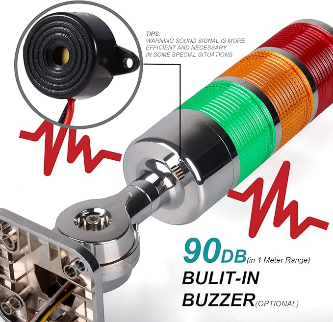 12-24V LED Stack Tower Lights, Industrial Warning Lights, Andon Lights, Column Signal Tower Indicator Lamp Beacon, Continuous/Flashing Light Switchable, 3 Layer (with Buzzer)