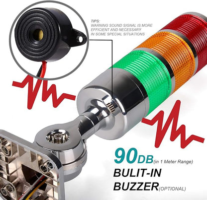 110V to 220V LED Stack Tower Lights, Industrial Warning Lights, Andon Lights, Column Signal Tower Indicator Lamp Beacon, Continuous/Flashing Light Switchable, 3 Layer (with Buzzer)
