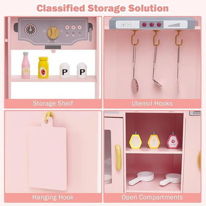 GLACER Corner Wooden Play Kitchen for Kids, Large Pretend Play Kitchen Playset with Sound, Light, Chalkboard, Microwave, Ice Maker, Washing Machine, Accessories, Toy Kitchen Set for Ages 3+ (Pink)