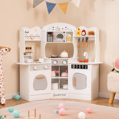 HONEY JOY Corner Play Kitchen, Toddler Wooden Toy Kitchen Set w/Lights, Coffee Maker, Microwave, Sink, Faucet, Little Chef Pretend Play Kids Kitchen Playset for Boys Girls (White)