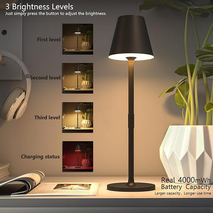 LED CordlessTable Lamp,4000mAh Rechargeable Battery Desk lamp,3 Level Brightness Beside Night Light, Minimalist Design, for Couple Dinner/Coffee Table/Restaurant/Bedroom(Kahaki-4PACK)