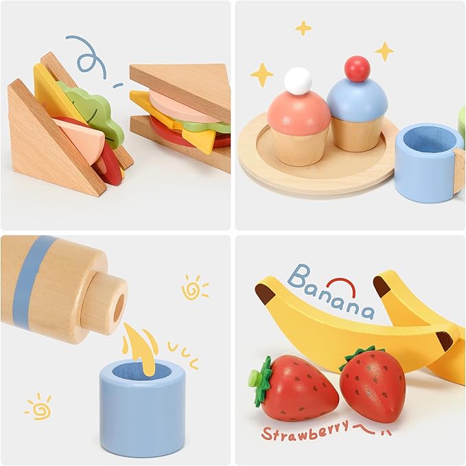 Wooden Picnic Play Set for Kids, 30-Piece Pretend Play Food Toy with Thermos, Sandwiches, Fruits, Utensils, Canvas Carry Bag & Blanket, Pretend Play Kitchen Accessories for Toddlers Age 3+