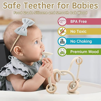 Baby Sensory High Chair Suction Toys for Infant Toddlers 6 12 18 24 Months, Food Grade Silicone String with Oak Loop Montessori Educational Baby Bath Toy Gifts (Beige)