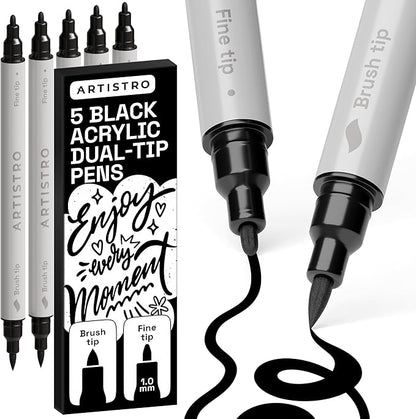 ARTISTRO 5 Black Dual Tip Brush + Fine Acrylic Paint Pens Ideal for Calligraphy - Paint Markers for Fabric, Rock, Glass, DIY - Stocking Stuffers, Christmas Gift Idea for Teens, Grandkids, Kids