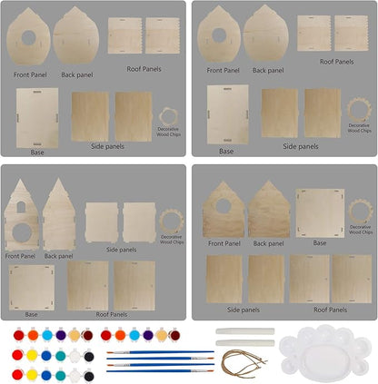 Glintoper Art Craft Wood Toys for Kids, 4 Pack DIY Bird House Kit Painting Puzzle DIY Wooden Assembly, Build and Paint Birdhouse, Include Paints & Brushes, Wooden Arts for Girls Boys Toddlers