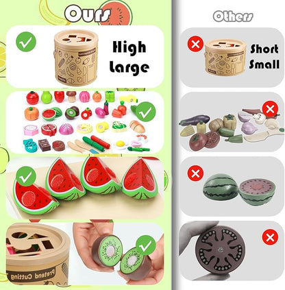 Play Kitchen Accessories, Wooden Play Food, Pretend Kitchen Cutting Fruit Vegetables Toys for Toddlers 3+ Years with Basket, Educational Toddler Toys for Fine Motor Skills, Gift for Boys Girls