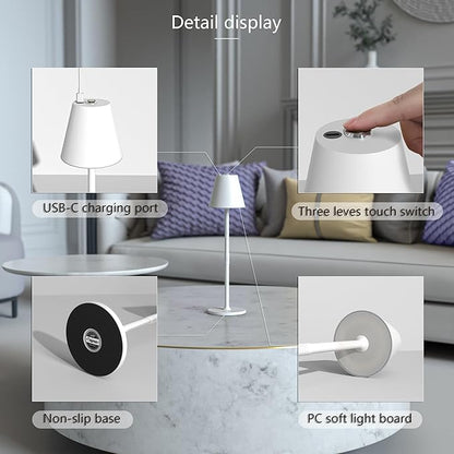2 Pack LED CordlessTable Lamp,4000mAh Rechargeable Battery Desk lamp,3 Level Brightness Portable Light, Minimalist Design, for Couple Dinner/Coffee Table/Restaurant/Bedroom(White 2pack)