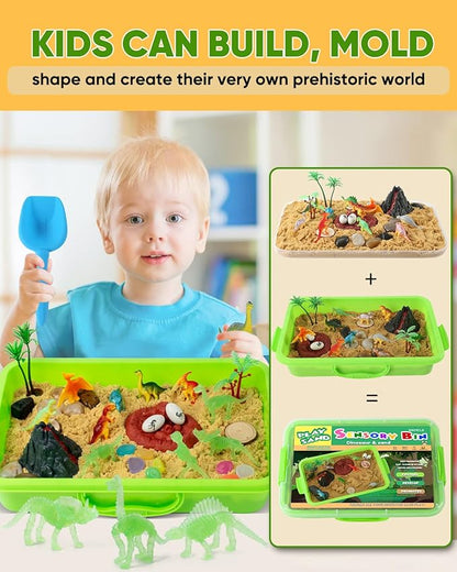 Dinosaur Sensory Bin Toy for Toddlers and Play Sand Set for Kids Include Glow in The Dark Dinosaur Ages 3-6+