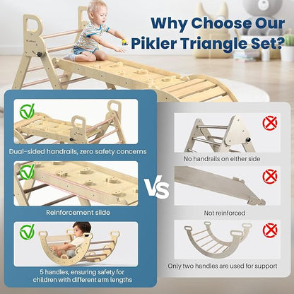 BlueWood Pikler Triangle Set 7-in-1 Foldable Baby Climbing Wooden Toys with Arch&Ramp&Ladder Climber Indoor Jungle Gyms for Toddlers - Natural Wood