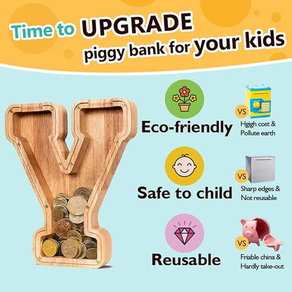 SummiDate Wooden Letter Piggy Bank| Piggy Bank for Boys Girls Toddler| Alphabet Y Money Bank| Coin Bank Birthday Gift for Kids|Birthday Gift for Kids (Y)