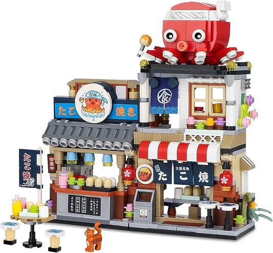 Japanese Street View Takoyaki Shop Mini Building Blocks, MOC Creative Japanese Toys for Girls 6-12 Years Old, 722 Pcs Simulation Architecture Construction Toy, Gift Idea for Kids Adults