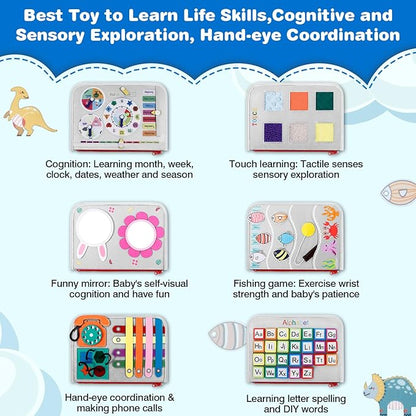 Busy Board Montessori Toys for 1 2 3 4 Year Old Boy & Girl Birthday Gifts, Autism Sensory Travel Toy for Toddlers 1-3, Educational Activity Sensory Board Learning Fine Motor Skills Toys, Gray
