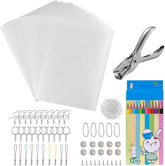 Heat Shrink Plastic Sheets Keychain Kit, 188Pcs Shrinky Dink Sheets Shrinky Dink Paper Shrink Art Kits for Kids Including 20Pcs Shrink Paper Sheets, Hole Punch, Pencils, Keychains for Crafts
