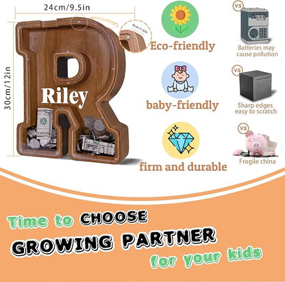 Wooden Letter Piggy Bank for Kids Larger Letter Piggy Bank for Boys and Girls Personalized Piggy Bank Initial Coin Bank Wood Kids Money Bank for Birthday and Festival