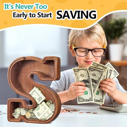 Summidate Customized Name Extra Large Wooden Piggy Bank for Kids Boys Girls Letter A-Z Coins Bills Money Change Bank Box Initial on Clear Cover (Laser Engraved) Educational Toys 12"- Letter S