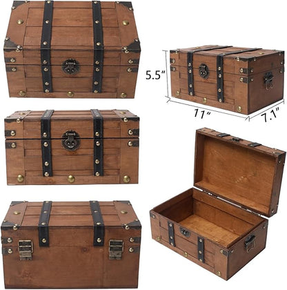 Deluxe Wooden Treasure Chest - 11" x 7.1" x 5.5", Elegant Storage Box with Sturdy Hinged Lid, Vintage-Inspired Decorative Trunk for Keepsakes, Brown