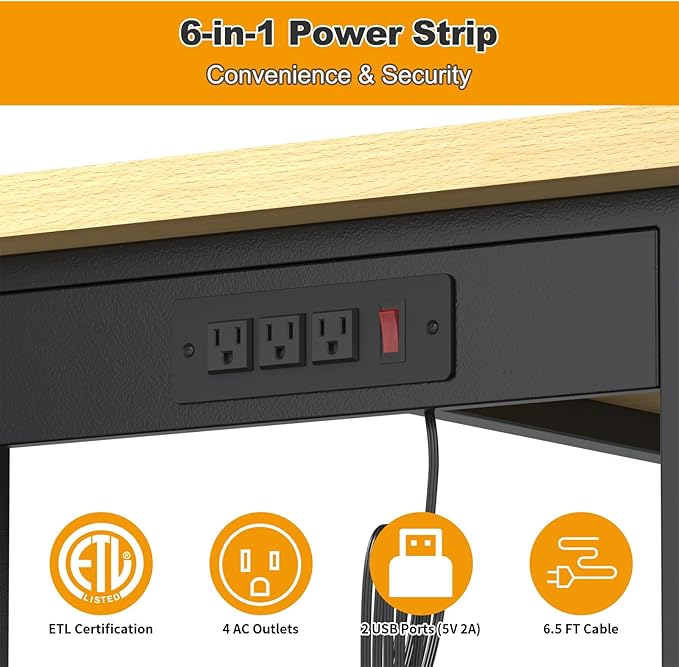 48" Adjustable Workbench, Heavy-Duty Work Bench, 2000 LBS Worktable with Power Outlets, Portable Chipboard Work Station for Repair Shop, Workshop, Office