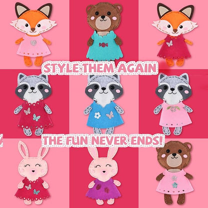 Cymbana Kid Sewing Craft Kit to Make a Friend for Beginner Felt Craft Learn to Sew, Panda Fox Bunny Raccoon Bear 5 Animals