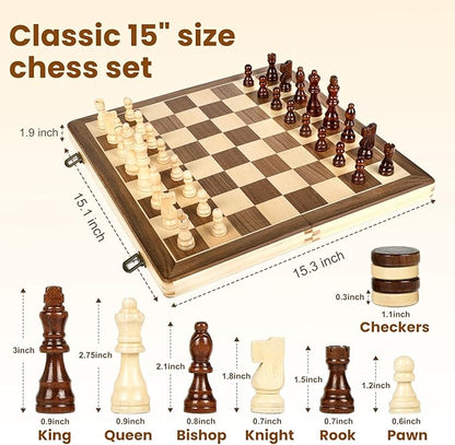 LEAP Magnetic Wooden Chess Sets 15.5 inch Foldable Chess Board 3 inch King Height Chess Pieces, Upper Checker Storage Slots for Beginer, Adults