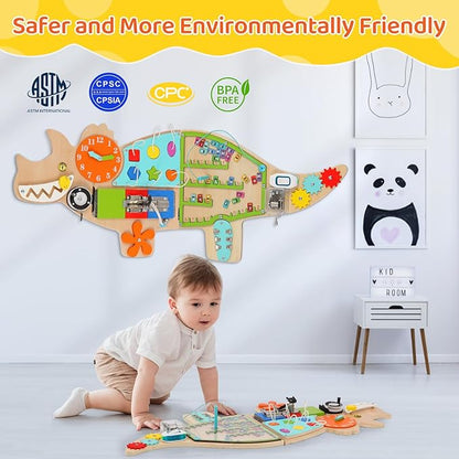 Dinosaur Activity Wall Busy Board Panels, 11-in-1 Montessori Sensory Wall Panel for Kids, Toddler Learning Activity Center, Perfect for Playroom Daycare Nursery Classroom